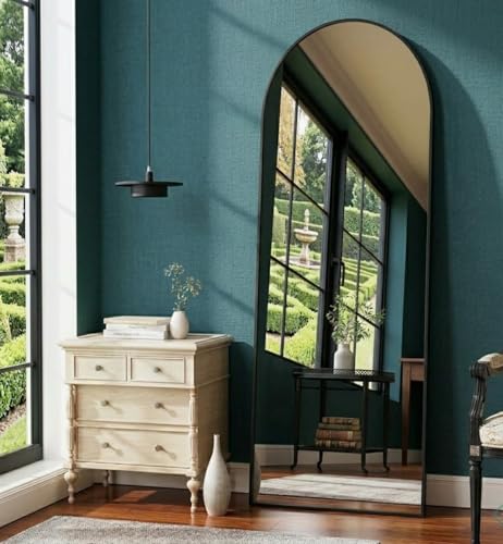 Image of Arched Full Length Floor Mirror with Black Metal Frame Freestanding with Stand for Living Room Bedroom Dressing Mirror Decorative Home Decor Full Size (1, Black, Large)