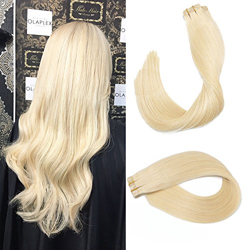 Vario Tape In Real Human Hair Extensions 7A 18 Inch/40 Grams 20pcs #60 Platinum Blonde- Silky Straight Human Remy Hair extensions