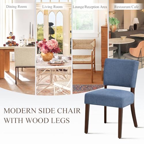 Image of COLAMY Mid Century Modern Dining Chairs Set of 6, Upholstered Kitchen Chairs with Open Back, Farmhouse Fabric Side Dining Room Chairs with Wood Legs for Dining Room Kitchen Restaurant, Blue