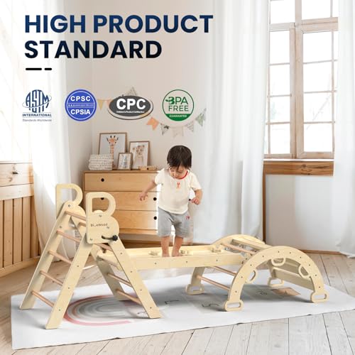 Image of BlueWood Pikler Triangle Set, Foldable Wooden Toddler Climbing Toys Indoor Playground Jungle Gym Montessori Philosophy Climber for 2-6 Years Old, Baby, Kids (Natural Wood)