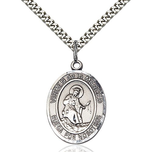 Bonyak Jewelry Saint Medal Collection Sterling Silver Virgen de la Merced Pendant 1 x 3/4 inches with Heavy Curb Chain