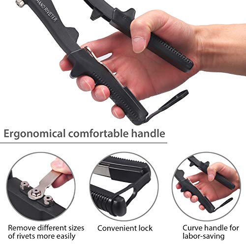 Justech 10-inch Heavy Duty Hand Rivet Gun Set with 200PCs Rivets 4 Nosepieces 2.4mm 3.2mm 4.0mm 4.8mm, Single Hand Manual Rivet Tool