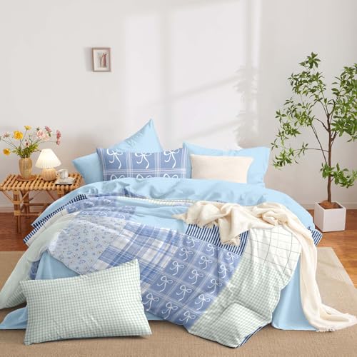 Image of Nayoroom Plaid Duvet Cover Queen Size Reversible Blue Patchwork Checkered Duvet Cover Dorm Bedding Set 3 Pieces Soft Lightweight Washed Microfiber Farmhouse Bedding Set Gifts for Women Men