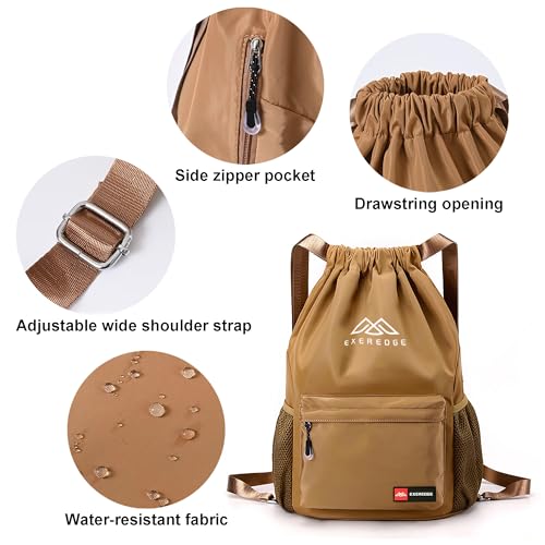 Drawstring Backpack for Women Men Sport Gym Bag Water Resistant Backpack Sandproof Beach Bag With Mesh Pockets (Khaki)3