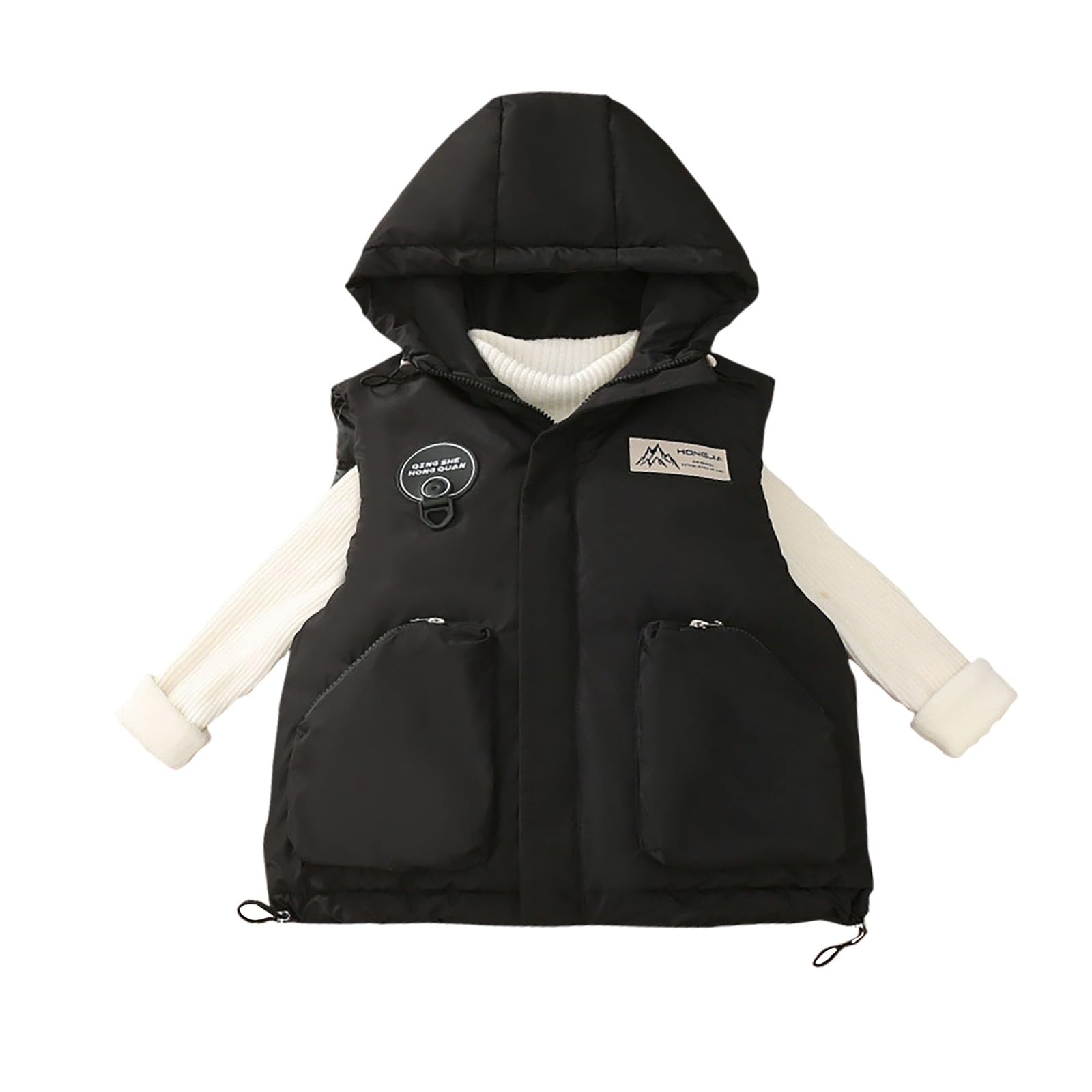 Gilets à capuche sans manches pour garçons et filles - Coupe-vent - Chaud et léger - Fermeture éclair solide - Rembourré - Vestes et manteaux thermiques - Noir - 3-4 ans