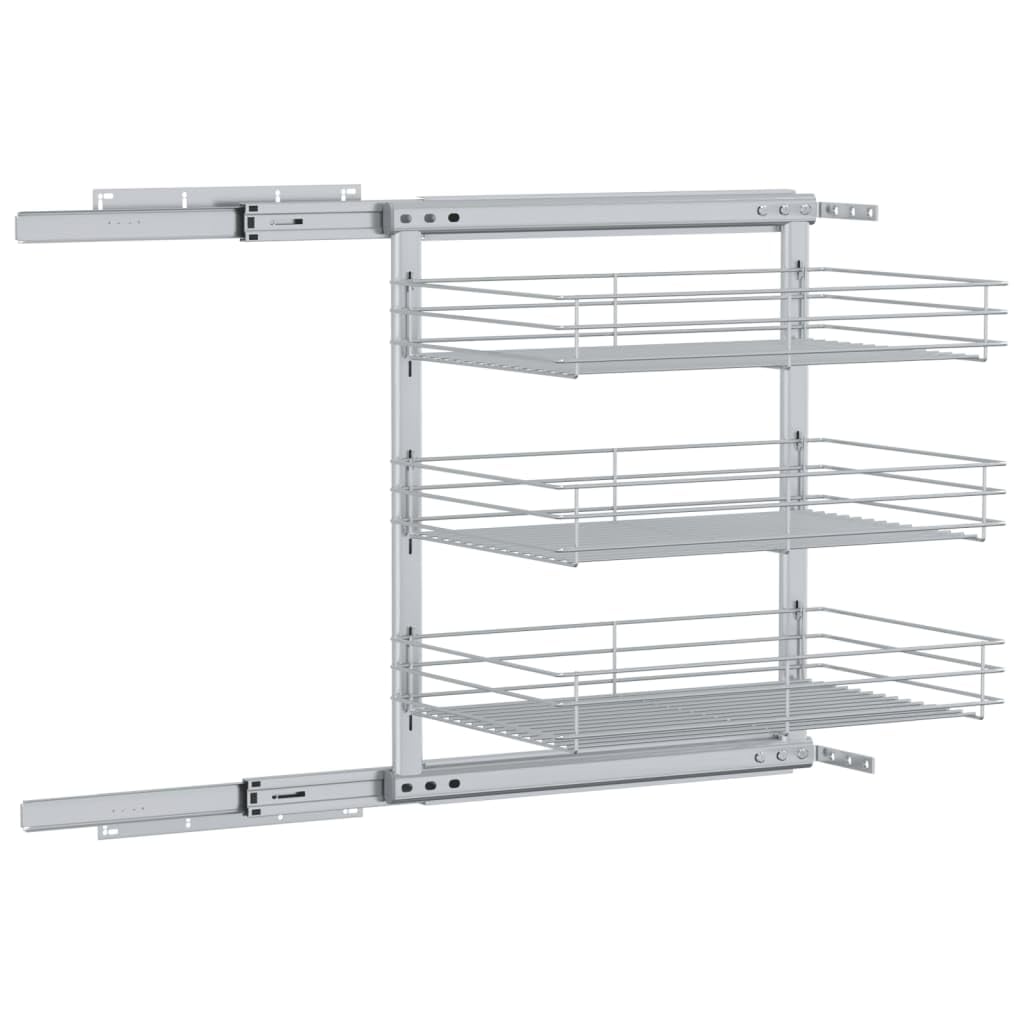 3-stufiger Küchen-Drahtkorb ausziehbar für Küchenschrank, Teleskop-Schublade zur Schrankorganisation, Silber 47x35x56 cm