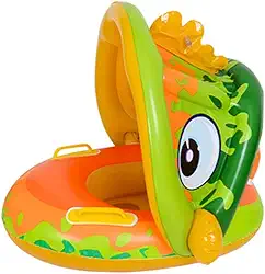 Boia de piscina para bebês com dossel, cama flutuante com apoio de braço, assento de segurança infantil com airbag, anel de natação em formato de desenho animado, adequado para bebês de 1 a 3 anos