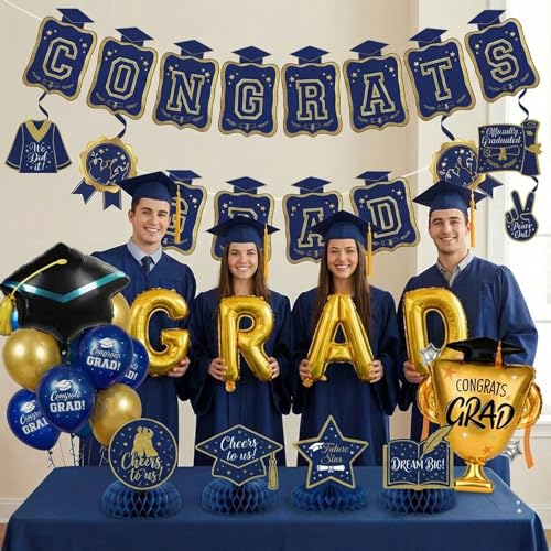 Image of Graduation Decorations 2026 - Navy Blue and Gold Party Supplies Kit & with Banner, Grad Balloons, Table Centerpieces & Hanging Swirls for Class of 2026 Graduate Prom Decorations