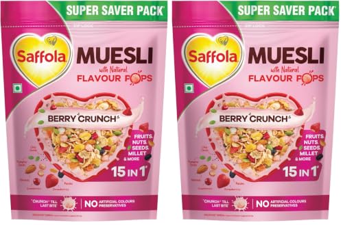 Image of Saffola Muesli Fruit & Nut Berry Crunch with Flavour Pops, 700 gm | 15 in 1 Fruit and Nuts, Seeds, Millet & more | Cereals for breakfast rich in wholegrain, protein, fibre (Pack of 2)