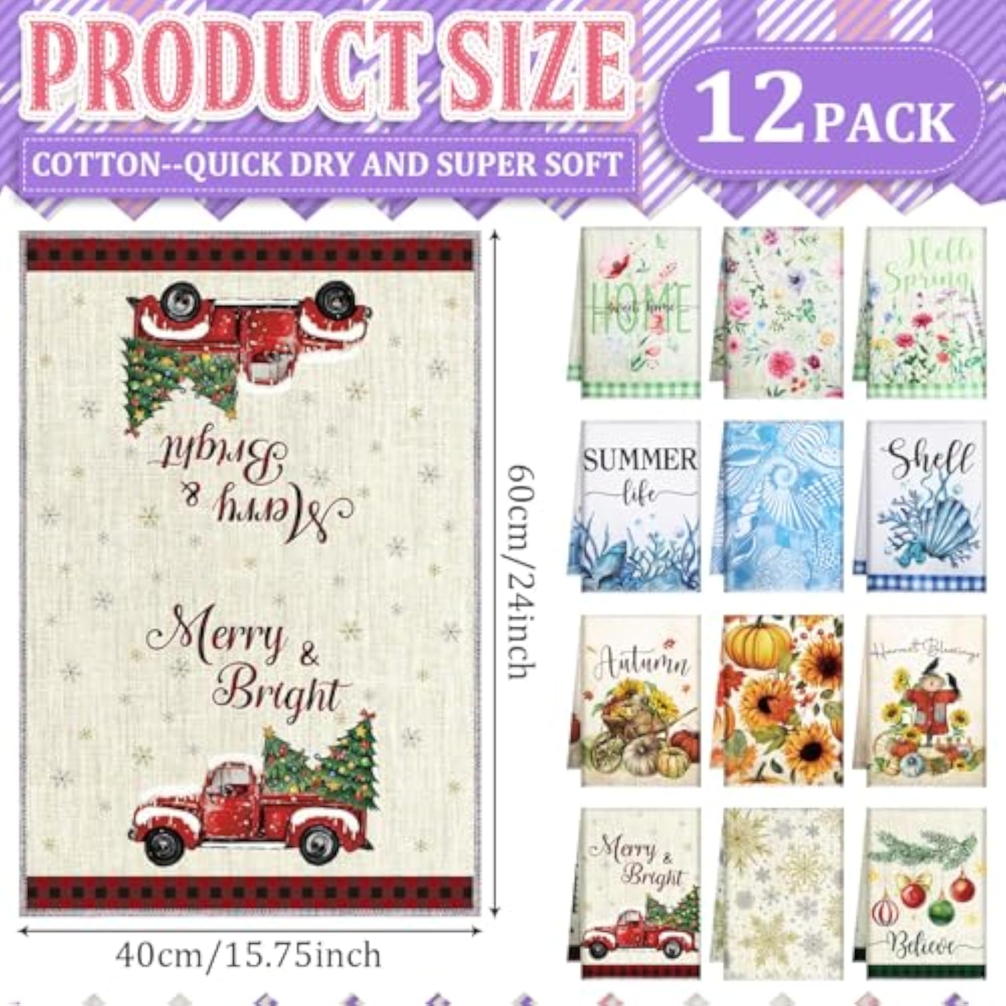 12 Pcs Seasonal Kitchen Towels Holiday Set