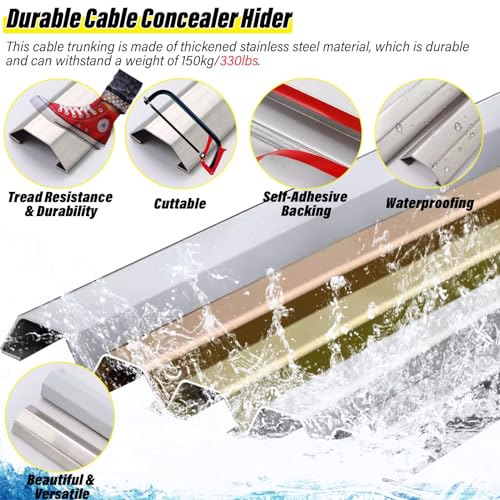 Canaleta para cables impermeable de acero inoxidable, autoadhesiva, cubierta metálica para cables en pisos, ideal para aulas y dormitorios, evita tropiezos y protege los cables (Color: Plata, N.o 3, Ancho: 30 mm) miniatura 3