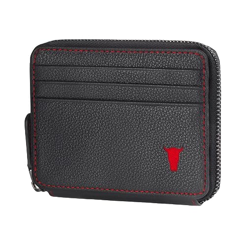TORRO Leather Card Holder with Coin Case – RFID Blocking Premium Leather Credit Cardholder with Zipped Coin Pouch (Black with Red Detail)