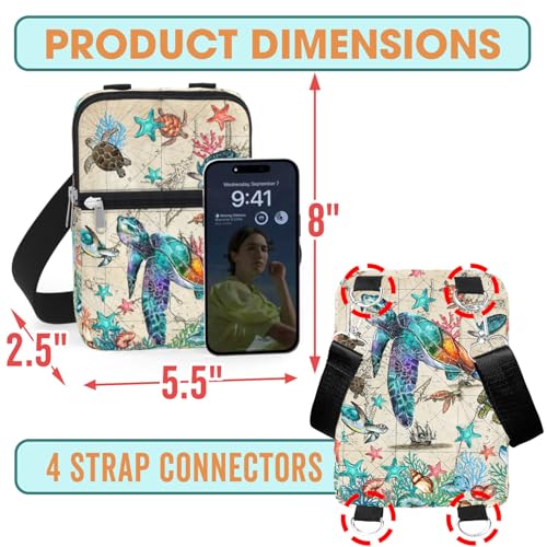 84hoods Crossbody Phone Bag with Adjustable Long Strap. Gift for Turtle Lovers. Small Waterproof Cell Phone Purse Gift for Women. Sea Turtle Map.2