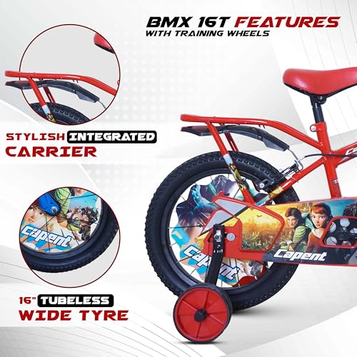 Image of CAPENT BMX 16T Kids Cycle with Carrier & Side Wheels | Rigid Suspension | 11 Inches Frame | Ideal for 4 to 6 Years Boys & Girls Kids Bike (Red-Blue)