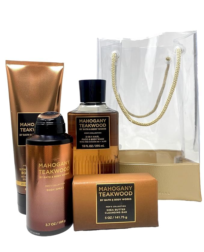 Mahogany Teakwood Gift Bag Set - Body Cream, 3-in-1 Hair, Face & Body Wash, Spray and Cleansing Bar