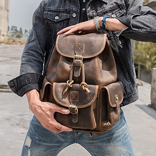 Polare Vintage Full Grain Leather Rucksack Backpack Casual Travel Satchel Bag Daypack For Men Women Dark Brown2