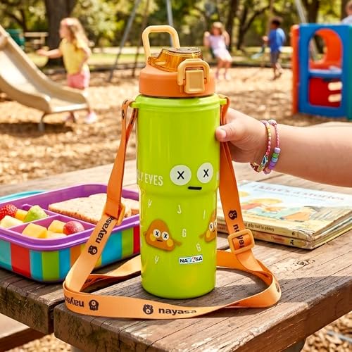 Image of Nayasa Kiddy Duo-Sip Insulated Inner Steel Kids Water Bottle 700-635ml | Dual Drinking Options | BPA-Free & Food Safe | Wriggly Jiggly Print | With Strap, Carry Handle - Green