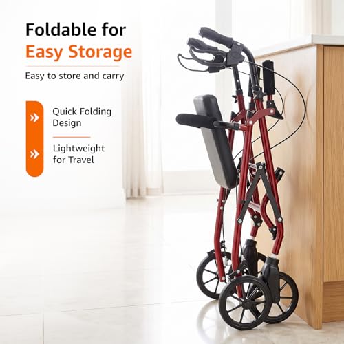 Image of Amazon Basics Adjustable Rollator Walker | Foldable Walking Aid with Seat & Backrest | Height-Adjustable Steel Frame with Large Wheels | Indoor & Outdoor Use