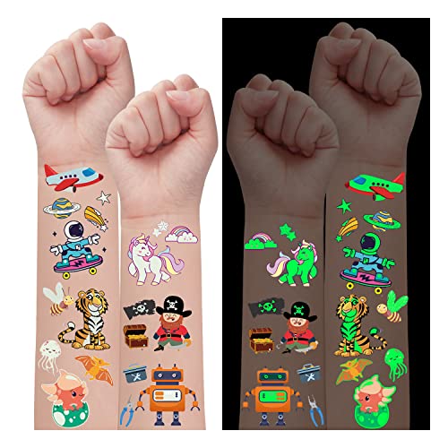 PARTYWIND Luminous Temporary Tattoos for Kids, Waterproof Fake Tattoos Stickers with Unicorn Dinosaur Mermaid Pirate Construction for Boys and Girls, Birthday Gifts Party Decorations Supplies Favors