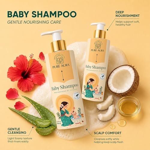 Image of Pure Aura Baby Shampoo (Pack of 2, 200ml) - Ayurvedic, Paraben-Free, Gentle on baby's scalp & hair, safe for newborns & kids, trusted by doctors.
