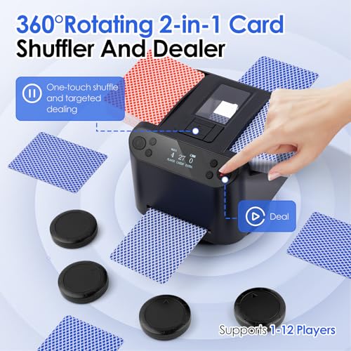Image of Automatic Card Shuffler and Dealer 2-in-1 with Extra Gift 100PCS Poker Set and Casino Felt - Support 12 Players, 4 Drawing Remotes, Built-in Gameplays, 360 /180 Deal, 2 Decks for Poker, Phase 10