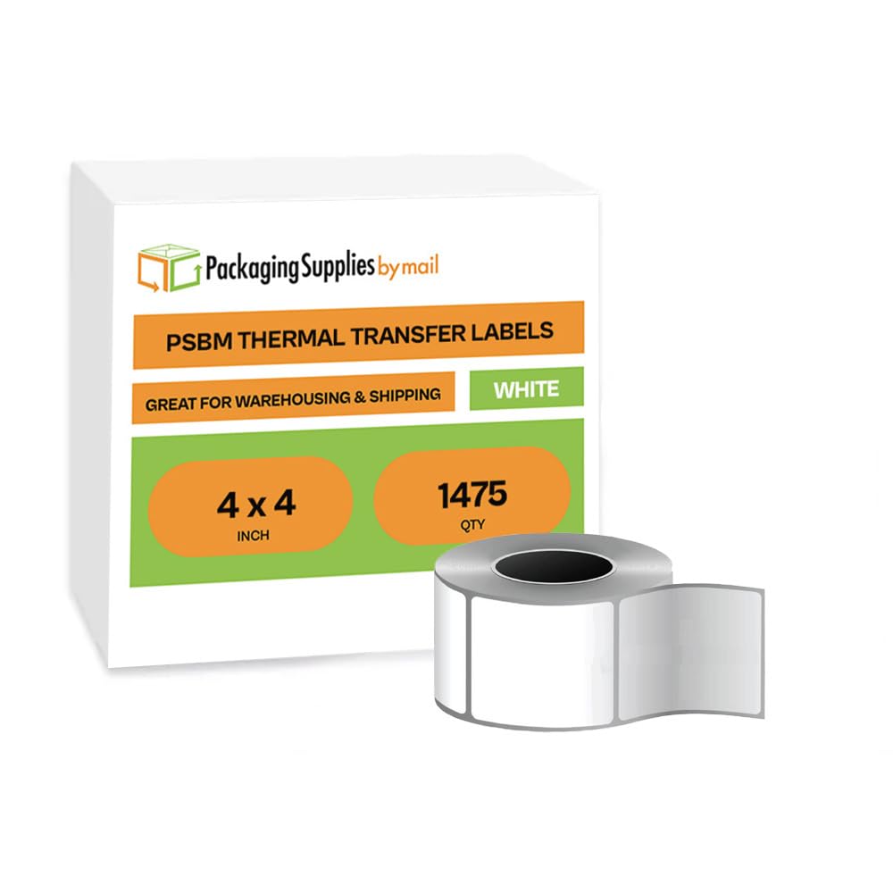 PSBM 4 Rolls 4 x 4 Inch Thermal Transfer Label Stickers, 3 Inch Core, 1475 Labels/Roll, Fade-Resistant Label for Barcode and Shipping Printing,