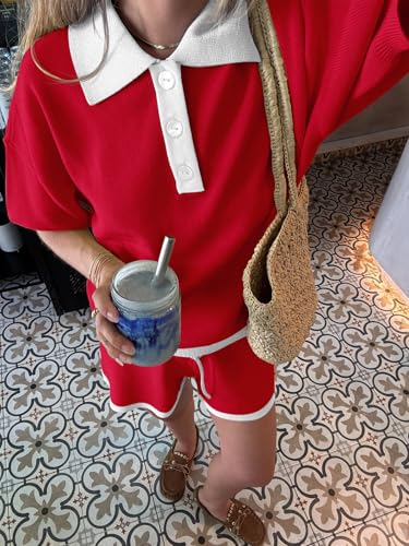 Image of Tankaneo Womens 2 Piece Short Sets Short Sleeve Knit Tops Vacation Outfits | Sweater Fabric, 2026 Summer, Collared, Matching Lounge Set