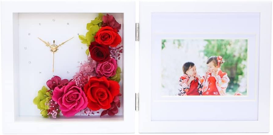 プリザーブドフラワーフォトクロック Arvo 【オリジナルギフト工房 HappySmile】 (ホワイト×レッド)