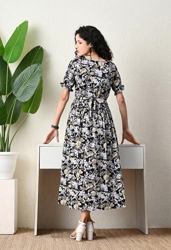 Image of Ichaa Women's Aqua Rayon Printed Maternity Dress with Feeding Zips and Pocket, in Plus Sizes
