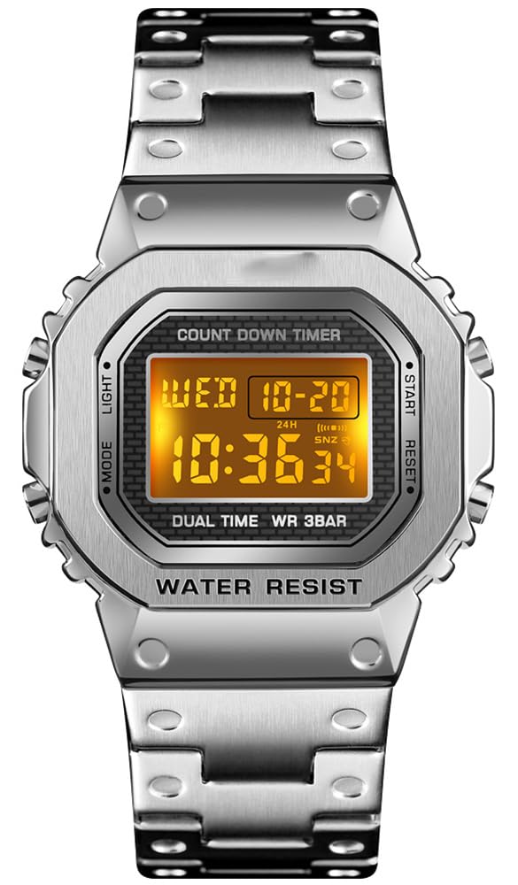 PASOY Men's Digital Multi-Function Watches Stainless Steel Square Case Dual Time Alarm Stopwatch Countdown Backlight Waterproof Watch