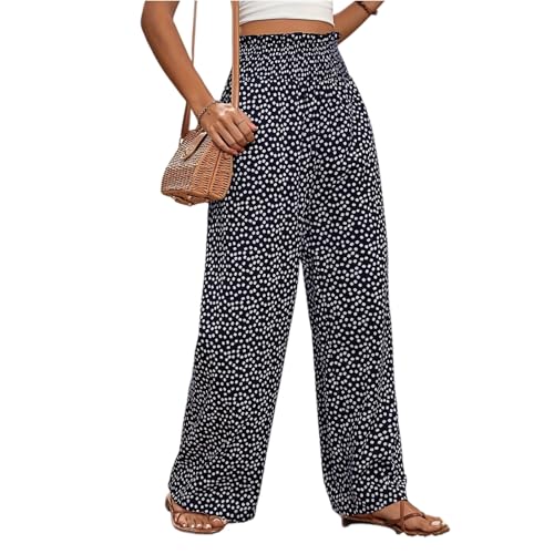 Wide Leg Linen Pants for Women Elastic High Waisted Boho Pants Polka Dot Patchwork Smocked Paper Bag Flowy Palazzo Pant