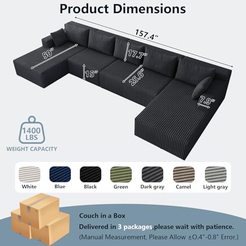 Image of 160 inch W Cloud Sectional Couch,Modern U-Shaped Cloud Couch with Deep Seat,Comfy Corduroy Sofa,Memory Foam Sofa for Living Room,No Assembly (Black,Right-Facing Chaise)