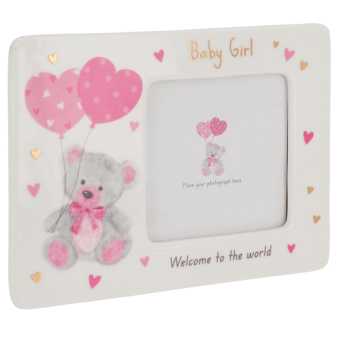 Thoughtful Words Little Bear Art Plaque, Tooth & Curl Box, Birth Certificate & Ceramic Frame - Boy & Girl Variations | Baby Keepsakes & Nursery Gifts (Little Bear Ceramic Frame Girl)