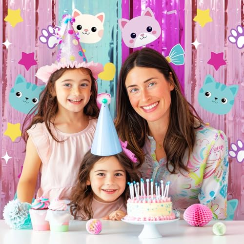 Image of Tiamon 2 Pack Cat Dollhouse Party Decorations 3.3 x 6.6 Ft Foil Fringe Curtains Cute Cat Birthday Backdrop Tinsel Streamers Photo Booth for Cartoon Doll House Baby Shower Birthday Party Supplies