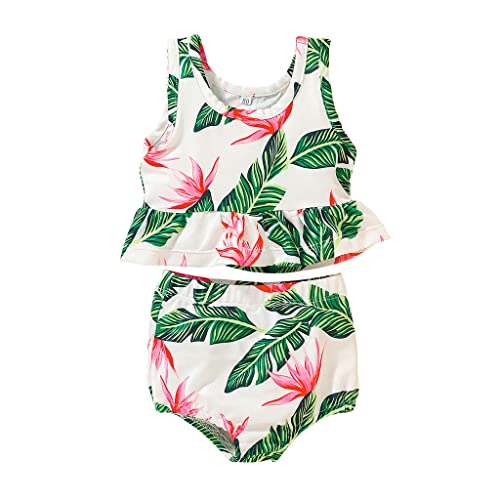 Youweixiong Toddler Infant Baby Girl Swimsuits Two-Piece Bathing Suit Ruffle Sleeveless Summer Bikini Beachwear (Green Leaf, 12-18 Months)