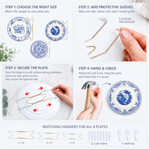 8 Pcs Blue and White Ceramic Wall Plates with Hangers, Classic - Image 4