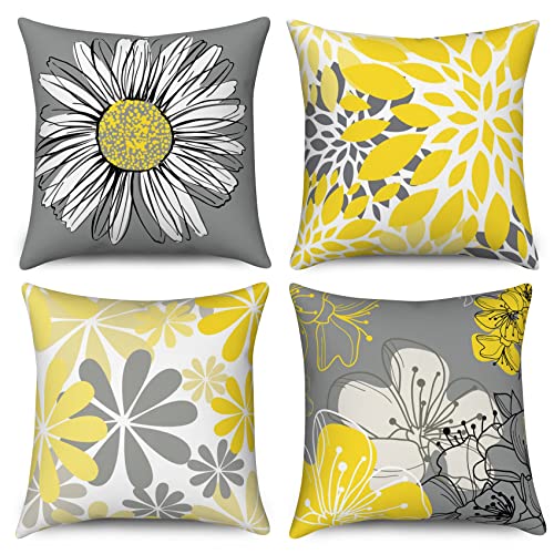 Hnmdmyi Housse de Coussin Jaune 40x40 Set de 4, Jaune et Gris Fleurs décoratives taies d'oreiller...