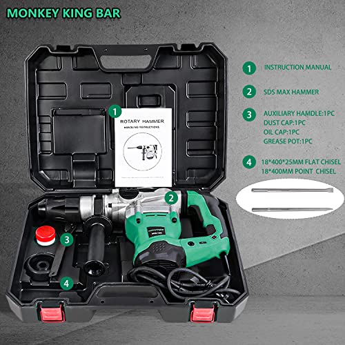 Monkey King Bar-Sds Max 120V 1500W 4200Bpm Electric Rotary Hammer Drill For Concrete With Uvp User Vibration Protection- Includes Sds Max Demolition Kit, Flat And Point Chisels With Case #TOP3