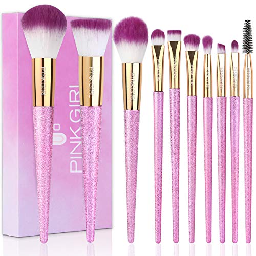 PINKGIRL Makeup Brush Set 10PCS Shiny Handle Makeup Brushes, Synthetic Foundation Brush Blending, Face Powder Brush, Eyeshadow Makeup Brushes Kit (PINK)