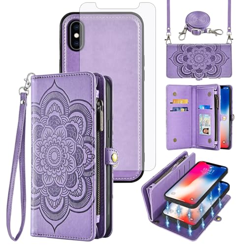 Housse de téléphone portable avec porte-cartes zippé et écran en verre pour iPhone Xs