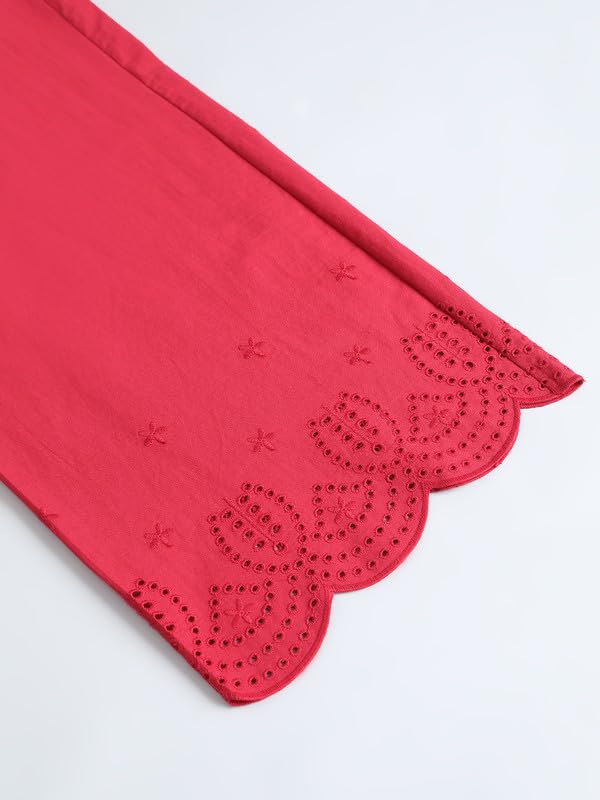 Image of GO COLORS Women's Cotton Hakoba Palazzo | Ankle Length, Schiffli Embroidery, Relaxed Fit, Mid-Rise with Side Pocket