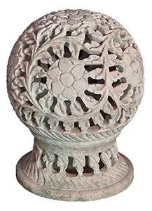 DollsofIndia Intricately Carved Ball Shaped Light Pink Candle Stand in Stone - Dia - 3.25 and Height - 5.5 inches (EQ70)