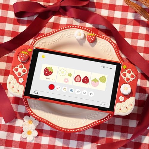 GeekShare Protective Case for Switch OLED Slim Cover Case Compatible with Switch OLED Separable Soft Silicone Protective Shell for Joystick with 2 Thumb Grip Caps - Strawberries with Cream - 3