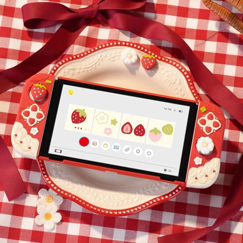 Image of GeekShare Protective Case for Switch OLED Slim Cover Case Compatible with Switch OLED Separable Soft Silicone Protective Shell for Joystick with 2 Thumb Grip Caps - Strawberries with Cream