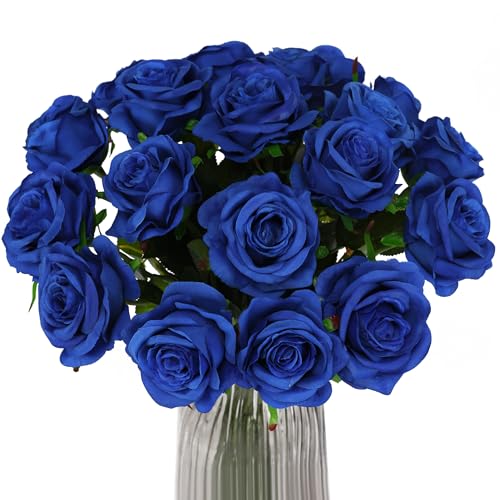 Tifuly Blue Fake Roses Artificial Flowers - 10 Pcs Fake Artificial Blue Roses Silk Flowers with Stems for Home Wedding Hotel Office Centerpiece Decor
