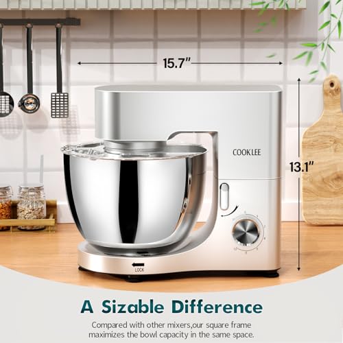 COOKLEE Stand Mixer, 9.5 Qt. 660W 10-Speed Electric Kitchen Mixer with Dishwasher-Safe Dough Hooks, Flat Beaters, Wire Whip & Pouring Shield Attachments for Most Home Cooks, Silver - Image 3