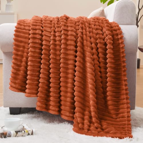 Image of BEDELITE 3D Ribbed Terracotta Fleece Throw Blanket for Couch, 50x60 Inch
