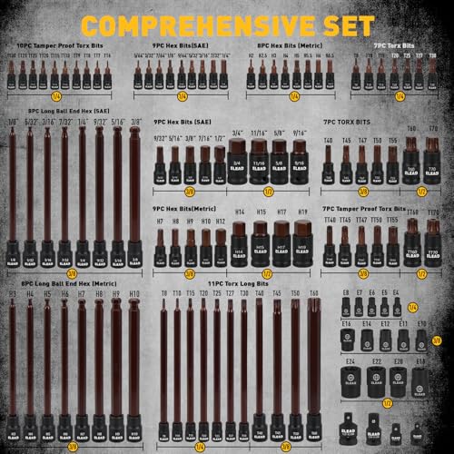 Image of 112-Piece Torx and Allen Bit Socket Set, 1 /4 inch, 3 /8 inch,1 /2 inch Drive Bit Socket Set with Ratchet Wrench, Adapters, Extra Long & Tamper Proof torx /Hex /Ball End Hex /E-torx, SAE & Metric