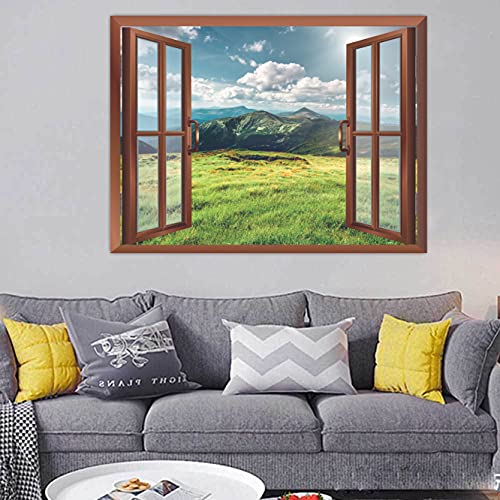 Image of CVANU Lovely View of Green Grassland with Blue Sky Having Clouds in a Sunny Day Removable Faux Window Wall Sticker /Decals for Living Room etc Cv 39