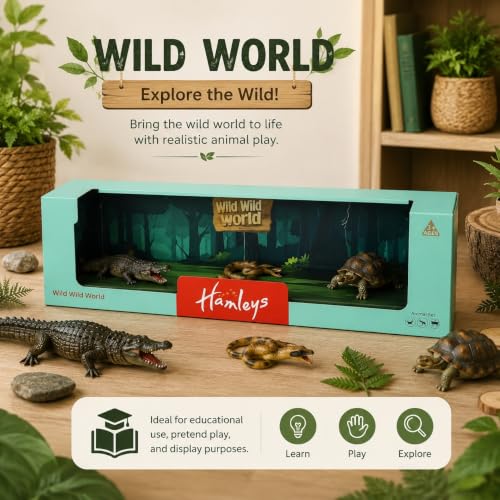 Image of Hamleys Wild Wild World Animal Figurines Pack of 5 | Lion, Elephant, Giraffe, Deer & Panda | Realistic Safari Wild Animal Toy Figures for Kids 3Y+